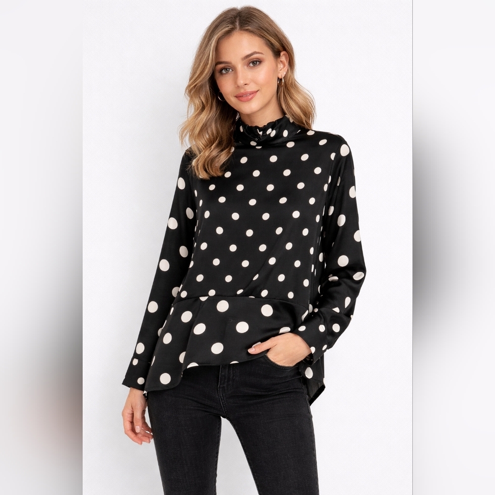 NWT H&M Size 2 Black Polka Peplum Satiny Blouse - Picture 1 of 5